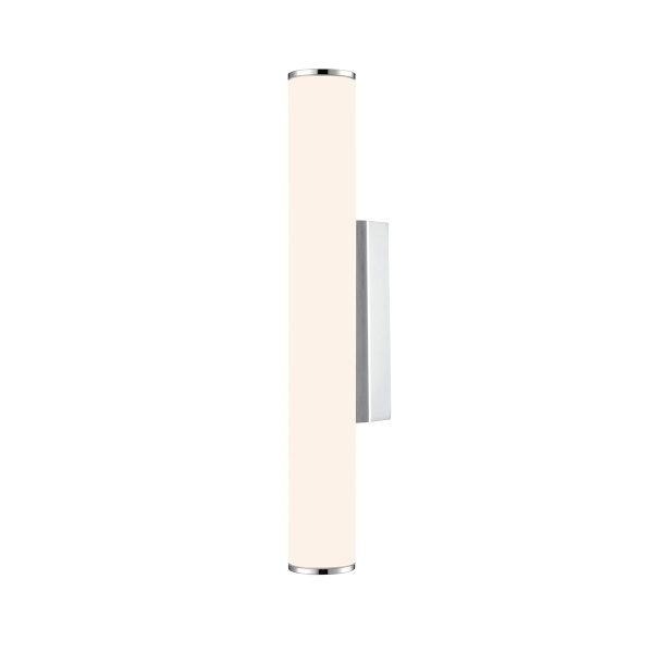 Franklite Baton small LED tube bathroom wall light in polished chrome with opal acrylic shade, shown vertical.