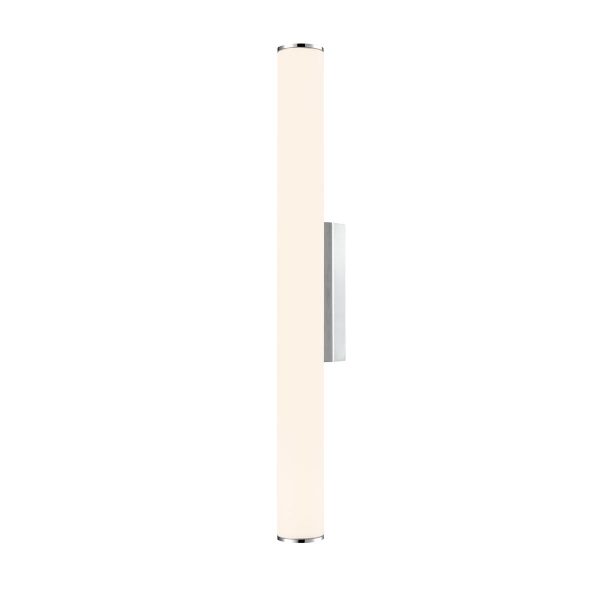 Franklite Baton medium LED tube bathroom wall light in polished chrome with opal acrylic shade, shown vertical.