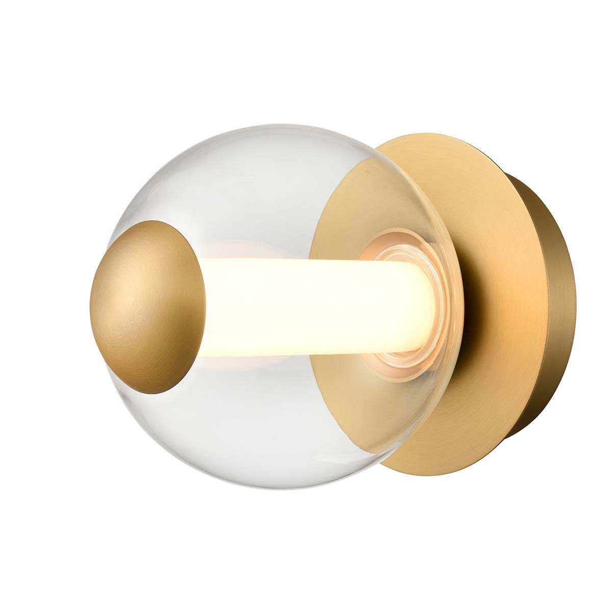 Franklite Beacon satin brass LED wall light with clear glass globe shade, on white background.