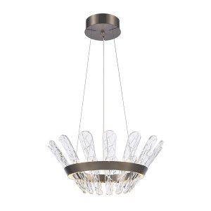 Franklite Beatrice small dimmable LED pendant in bronze with crystal glass, on white background, lit.