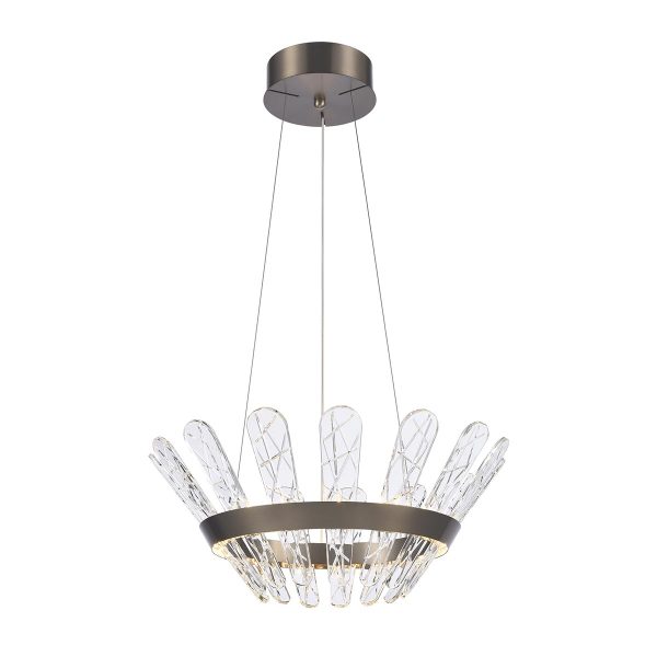 Franklite Beatrice small dimmable LED pendant in bronze with crystal glass, on white background, lit.