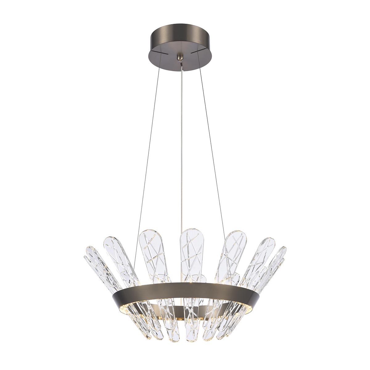 Franklite Beatrice small dimmable LED pendant in bronze with crystal glass, on white background, lit.