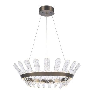 Franklite Beatrice medium dimmable LED pendant in bronze with crystal glass on white background, lit.