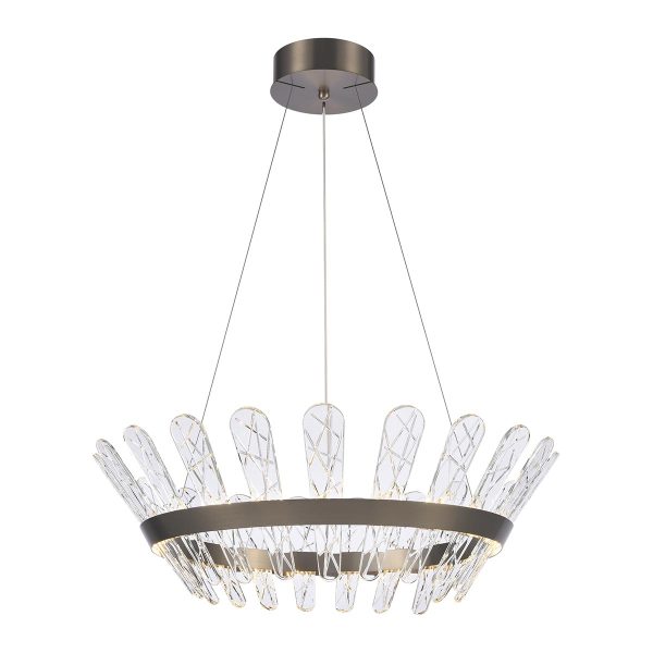Franklite Beatrice medium dimmable LED pendant in bronze with crystal glass on white background, lit.