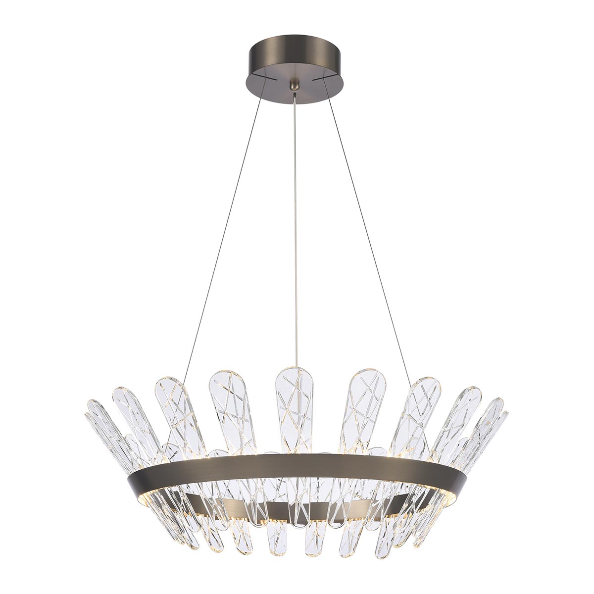 Franklite Beatrice medium dimmable LED pendant in bronze with crystal glass on white background, lit.