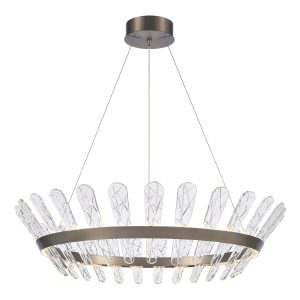 Franklite Beatrice large dimmable LED pendant in bronze with crystal glass on white background, lit.