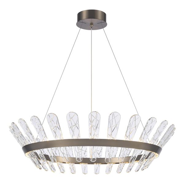 Franklite Beatrice large dimmable LED pendant in bronze with crystal glass on white background, lit.