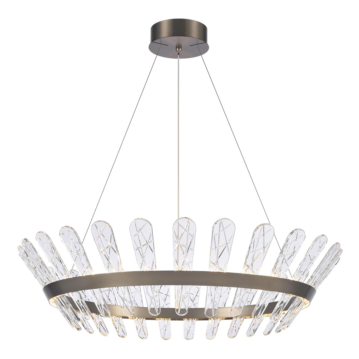 Franklite Beatrice large dimmable LED pendant in bronze with crystal glass on white background, lit.
