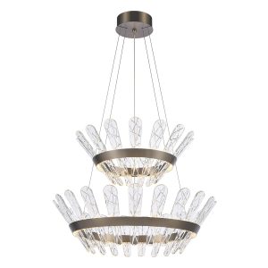Franklite Beatrice 2-tier dimmable LED chandelier in bronze with crystal glass on white background, lit.