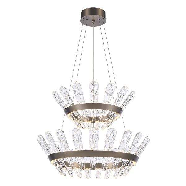 Franklite Beatrice 2-tier dimmable LED chandelier in bronze with crystal glass on white background, lit.