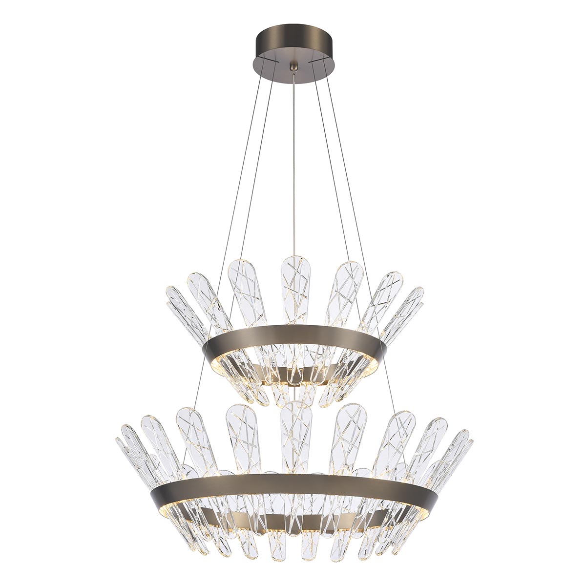Franklite Beatrice 2-tier dimmable LED chandelier in bronze with crystal glass on white background, lit.
