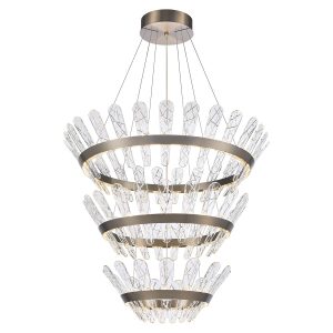 Franklite Beatrice large dimmable LED chandelier in bronze with crystal glass, shown lit on white background.