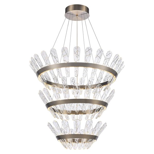 Franklite Beatrice large dimmable LED chandelier in bronze with crystal glass, shown lit on white background.