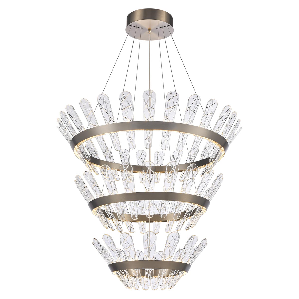 Franklite Beatrice large dimmable LED chandelier in bronze with crystal glass, shown lit on white background.
