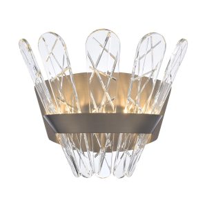 Franklite Beatrice dimmable LED wall light in bronze with crystal glass on white background, lit