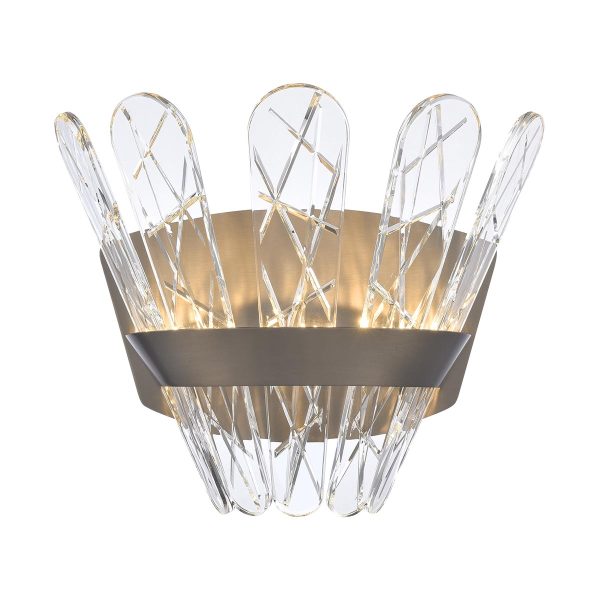 Franklite Beatrice dimmable LED wall light in bronze with crystal glass on white background, lit