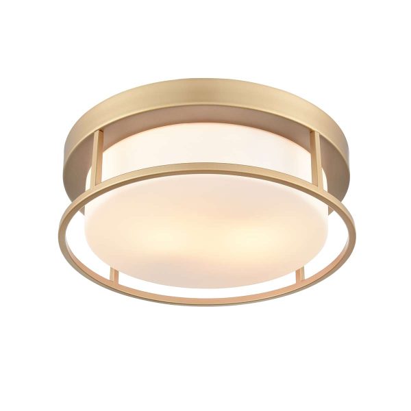 Franklite Blaine 2 light flush ceiling light in gold with opal glass shade, on white background, lit.