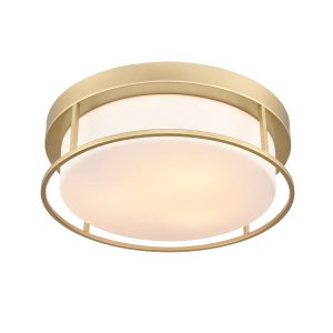 Franklite Blaine 3 light flush ceiling light in gold with opal glass shade, on white background, lit.