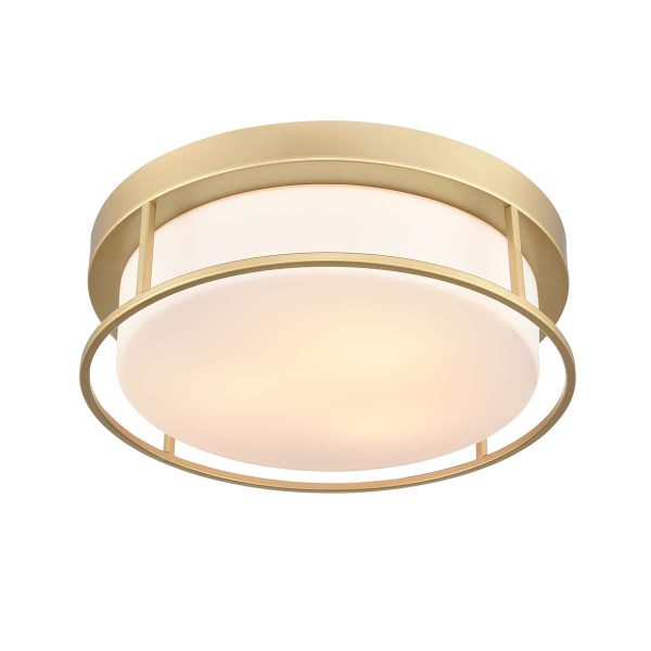 Franklite Blaine 3 light flush ceiling light in gold with opal glass shade, on white background, lit.