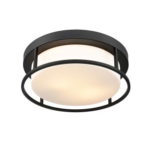 Franklite Blaine 2 light flush ceiling light in matt black with opal glass shade, on white background, lit.