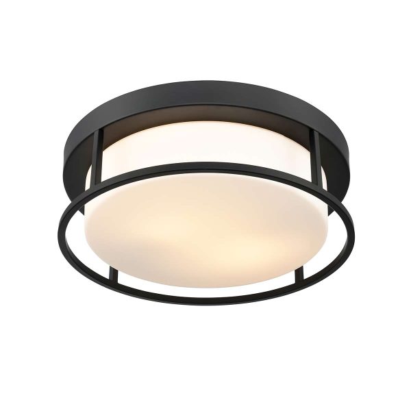 Franklite Blaine 2 light flush ceiling light in matt black with opal glass shade, on white background, lit.
