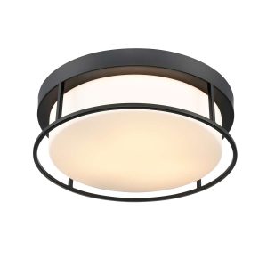 Franklite Blaine 3 light flush ceiling light in matt black with opal glass shade, on white background, lit.