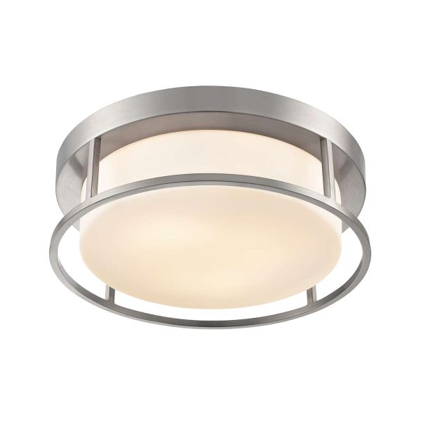 Franklite Blaine 2 light flush ceiling light in satin nickel with opal glass shade, on white background, lit.