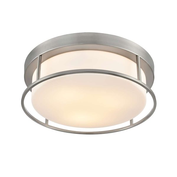 Franklite Blaine 3 light flush ceiling light in satin nickel with opal glass shade, on white background, lit.