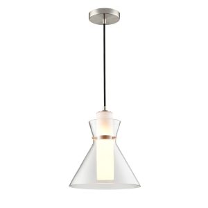 Franklite Bliss single light pendant in satin nickel finish with clear and opal glass shades, short drop on white background.
