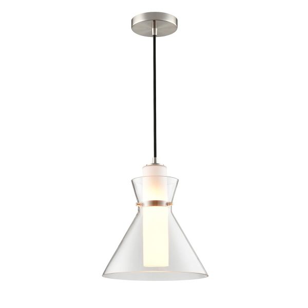 Franklite Bliss single light pendant in satin nickel finish with clear and opal glass shades, short drop on white background.