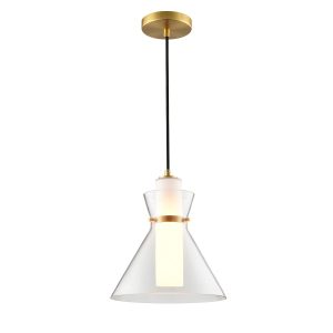 Franklite Bliss single light pendant in aged brass finish with clear and opal glass shades, short drop on white background.