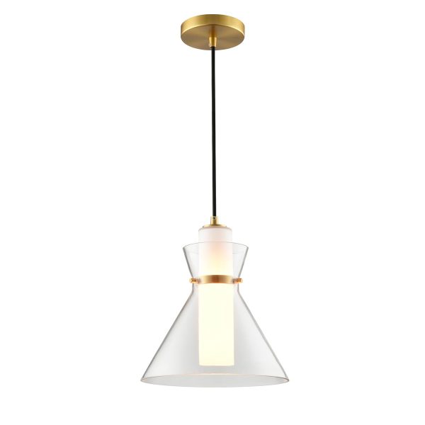 Franklite Bliss single light pendant in aged brass finish with clear and opal glass shades, short drop on white background.