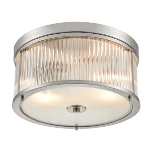 Franklite Bonham 2 light traditional flush ceiling light in satin nickel, shown lit on white background.
