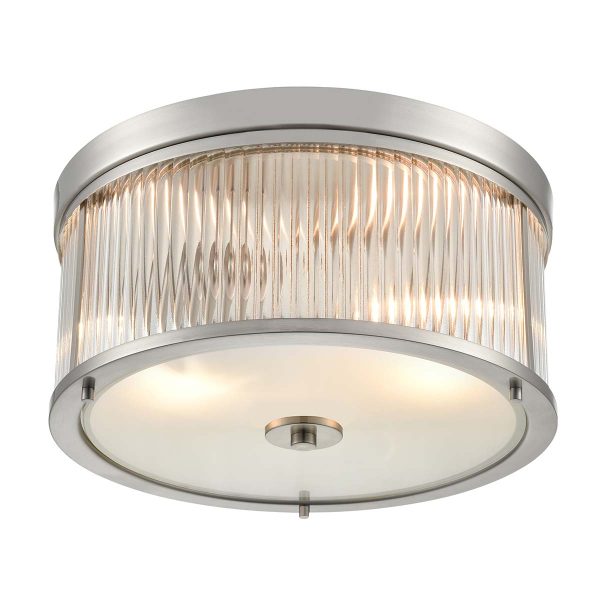 Bonham 2 light traditional flush ceiling light in satin nickel, shown lit on white background.