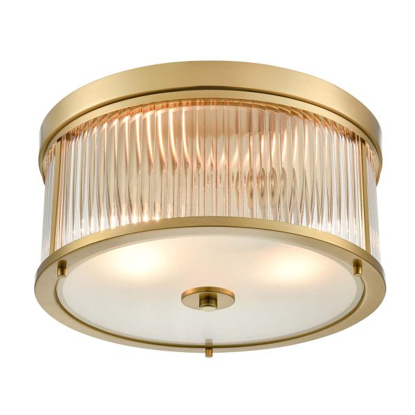 Bonham 2 light traditional flush ceiling light in aged brass, shown lit on white background.