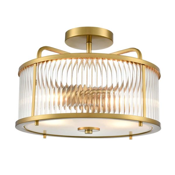 Bonham 2 light traditional semi flush ceiling light in aged brass, shown lit on white background.