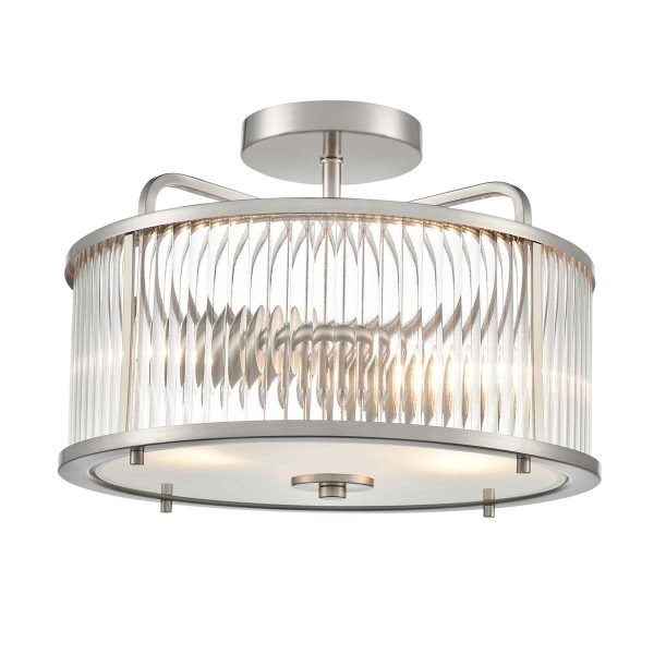 Bonham 2 light traditional semi flush ceiling light in satin nickel, shown lit on white background.