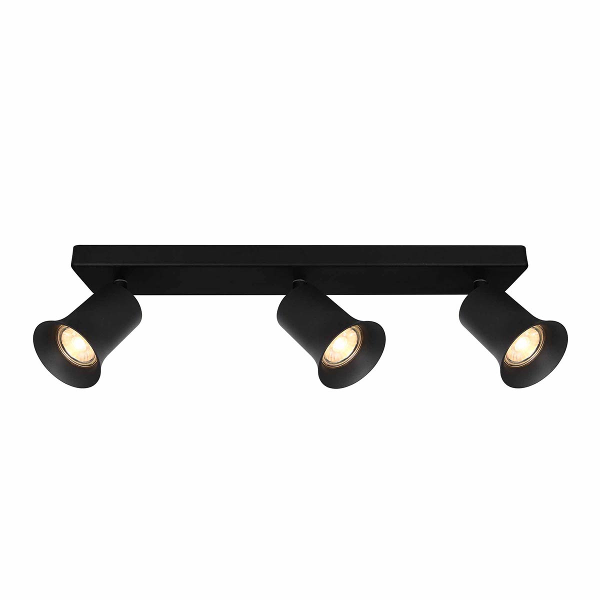 Franklite Broadway matt black 3 light spotlight plate with matt black sleeves.