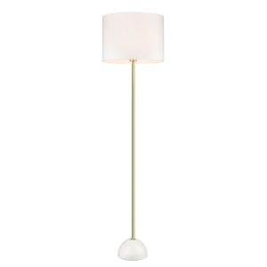 Franklite Brooke dimmable satin brass floor lamp with off-white textured fabric shade and white marble base, on white background.