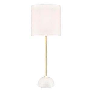Franklite Brooke dimmable satin brass table lamp with off-white textured fabric shade and white marble base, on white background, lit.