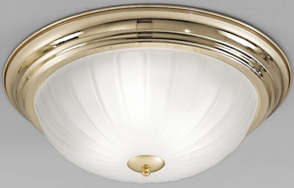 Traditional 3 Lamp Flush Low Ceiling Light Polished Brass Acid Glass