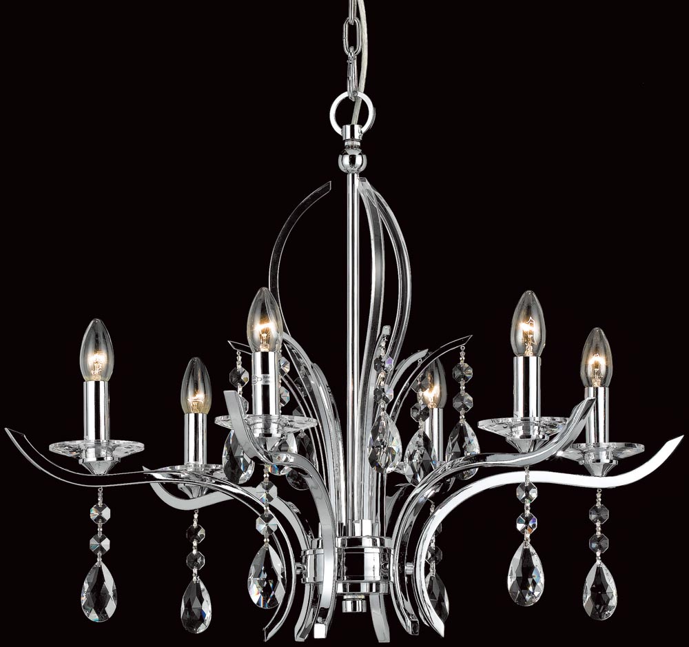 Impex Turin Polished Chrome 6 Light Chandelier With Crystal