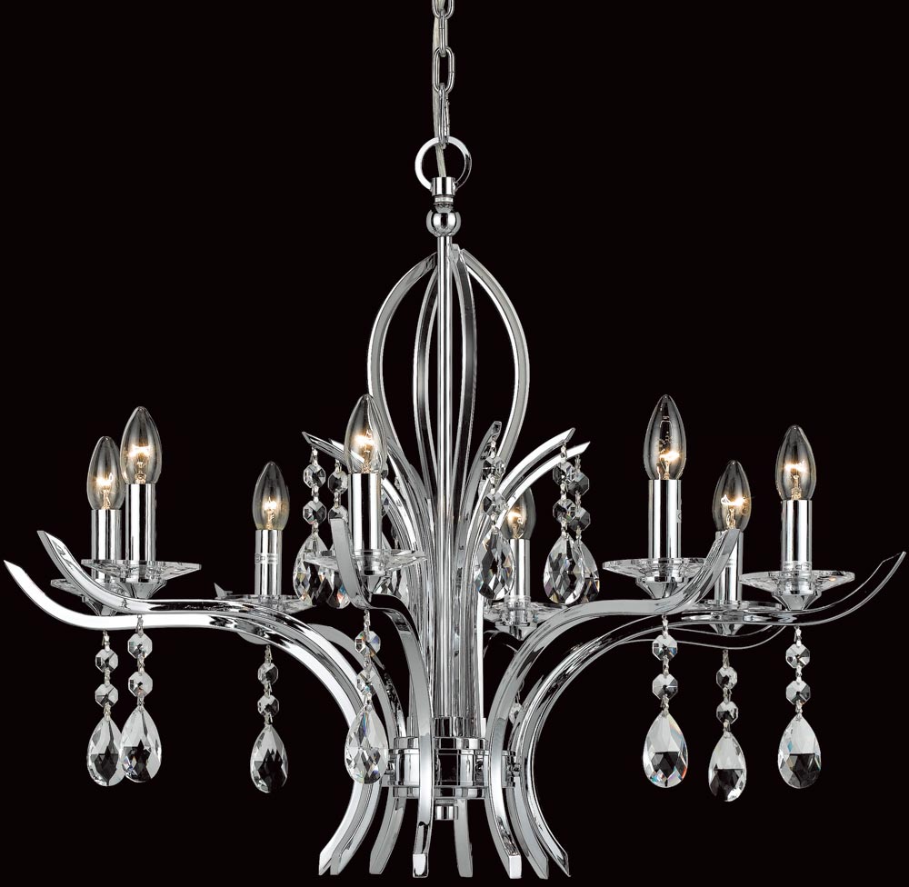 Impex Turin Polished Chrome 8 Light Chandelier With Crystal