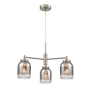 Franklite Caligo 3 light satin nickel ceiling light with smoked ribbed glass shades, on white background, lit.
