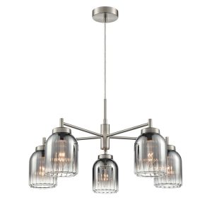 Franklite Caligo 5 light satin nickel ceiling light with smoked ribbed glass shades, shown as a pendant on white background.