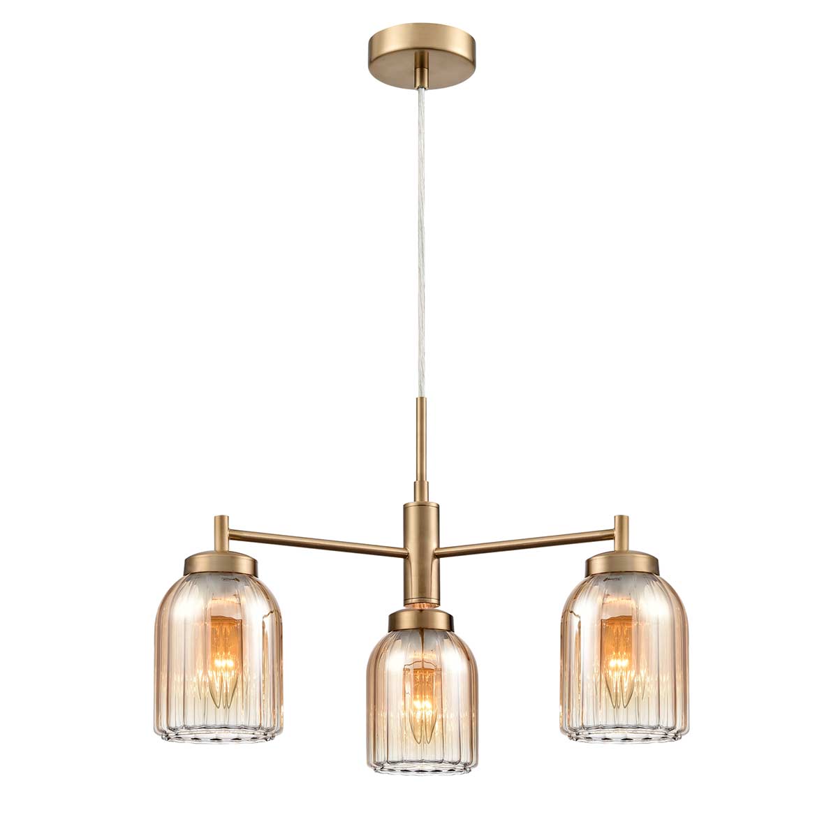 Caligo 3 Light Aged Brass Ceiling Light Amber Glass Shades