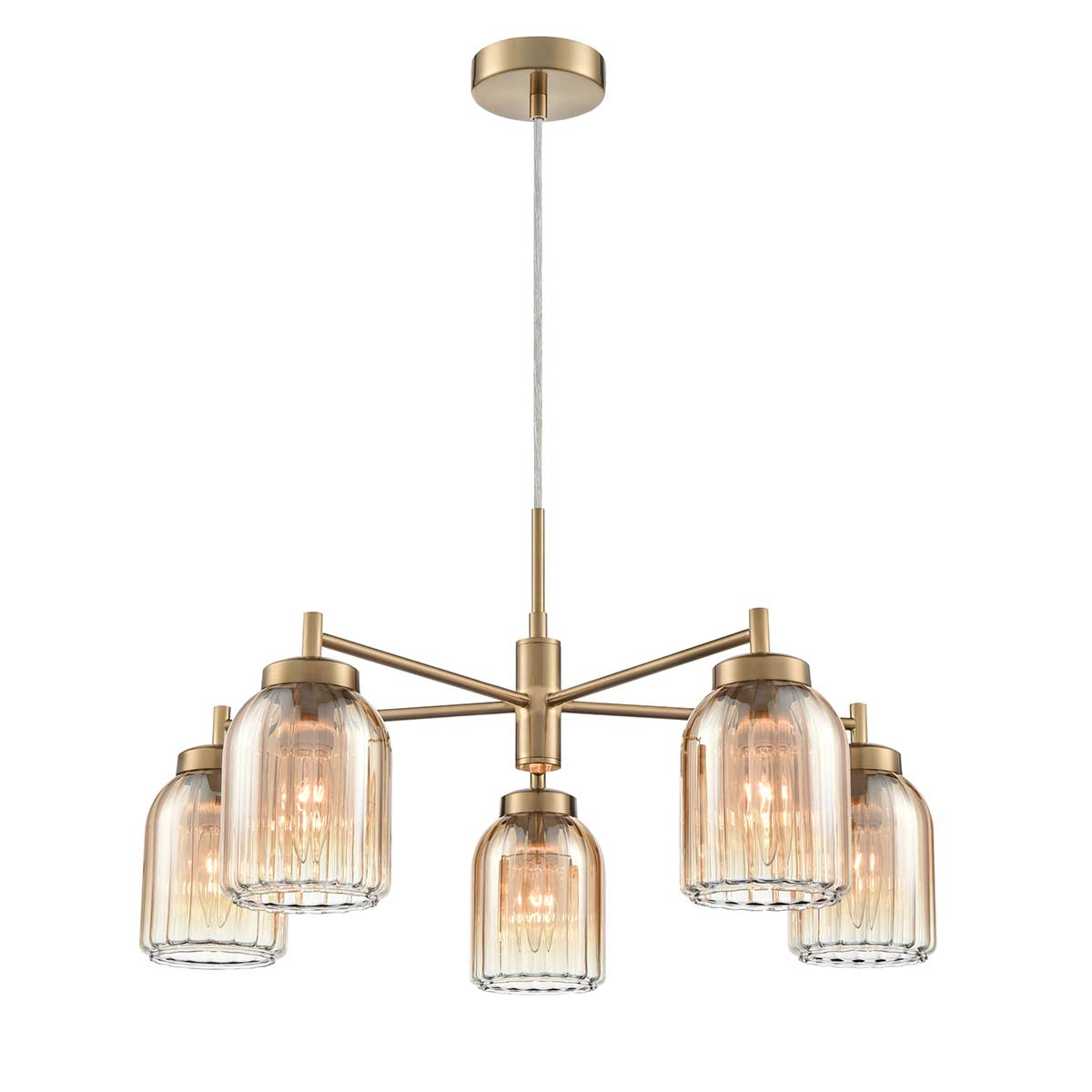 Caligo 5 Light Aged Brass Ceiling Light Amber Glass Shades