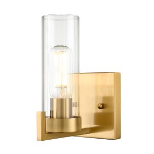 Franklite Camelot single wall light in aged brass finish with clear glass shade on white background.