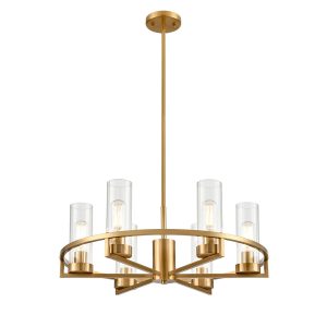 Franklite Camelot 6 light cartwheel chandelier in aged brass with clear glass shades, long drop on white background.