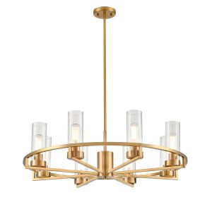 Franklite Camelot 8 light cartwheel chandelier in aged brass with clear glass shades, long drop on white background.